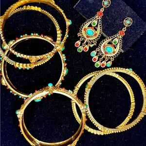 R.J. GRAZIANO Gold Turquoise Carnelian Cabochon BANGLE BRACELETS w/ earrings